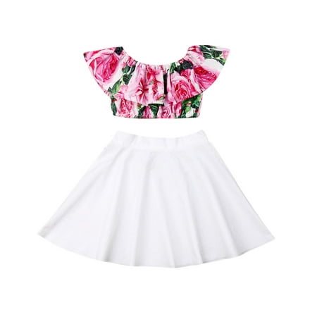 

Toddler Kids Baby Girl Summer Clothes Cotton Floral Off Shoulder Tops + White Skirt Outfits Chidlren Girls Casual Clothes Ruffle Sunsuit