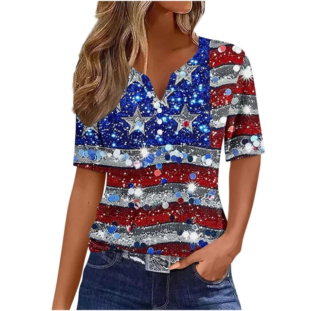 Blusas de las Mujeres Casual Gradiente de Manga Corta V-Cuello Superior, Imitación Marco Casual Blusa para las Mujeres, Mano Lavado Primavera Verano Desgaste