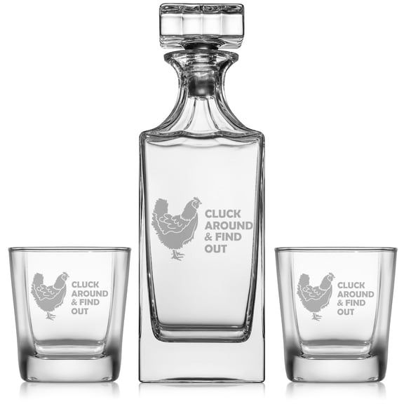 Whiskey Decanter Gift Set With 2 Whiskey Old Fashioned Rocks Glasses Cluck Around & Find Out Funny Chicken