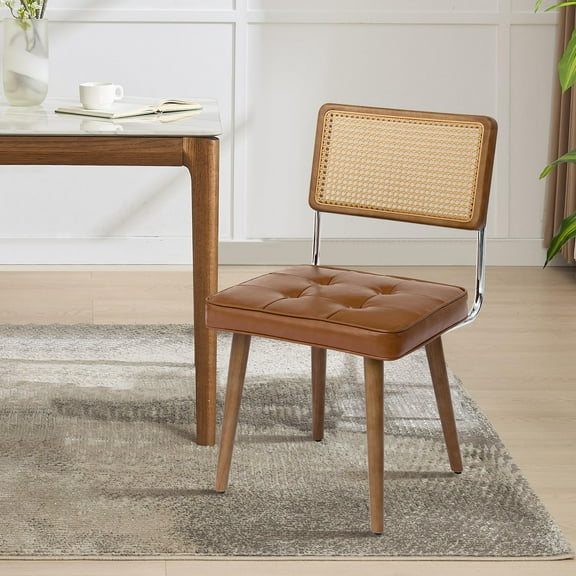 Soonbuy Dining Chairs Mid Century Modern, PU/Velvet Upholstered Kitchen Chairs with Tall Cane Backrest and Strong Wood Legs, Vintage Chairs for Dining Room, Kitchen, Restaurant, Brown, Green, Black