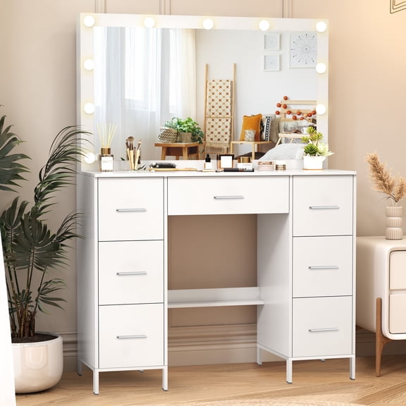 Ciumeeo Makeup Vanity Table Set with LED Lighted Mirror, 3 Color Modes, Vanity Desk Dressing Table with Drawers, White