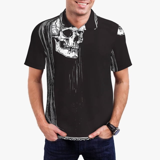 Fotbe Gothic Skull Drape Camiseta Polo de Golf para Hombre con Estampado – Camisa Deportiva Transpirable con Cuello Abotonado-3X-Large
