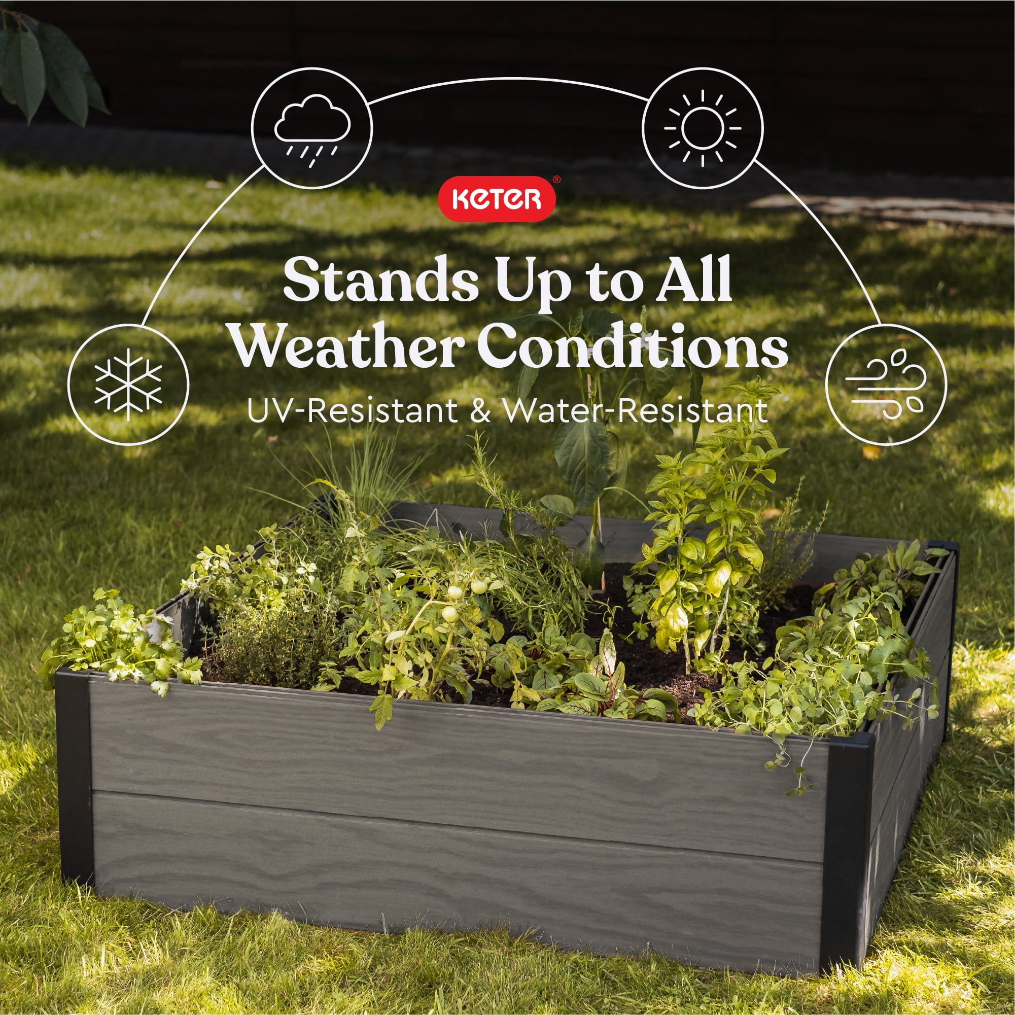 Keter 48" Wood Look Raised Garden Bed, Durable Outdoor Herb Garden Planter for Vegetables, Flowers, and Succulents, Grey