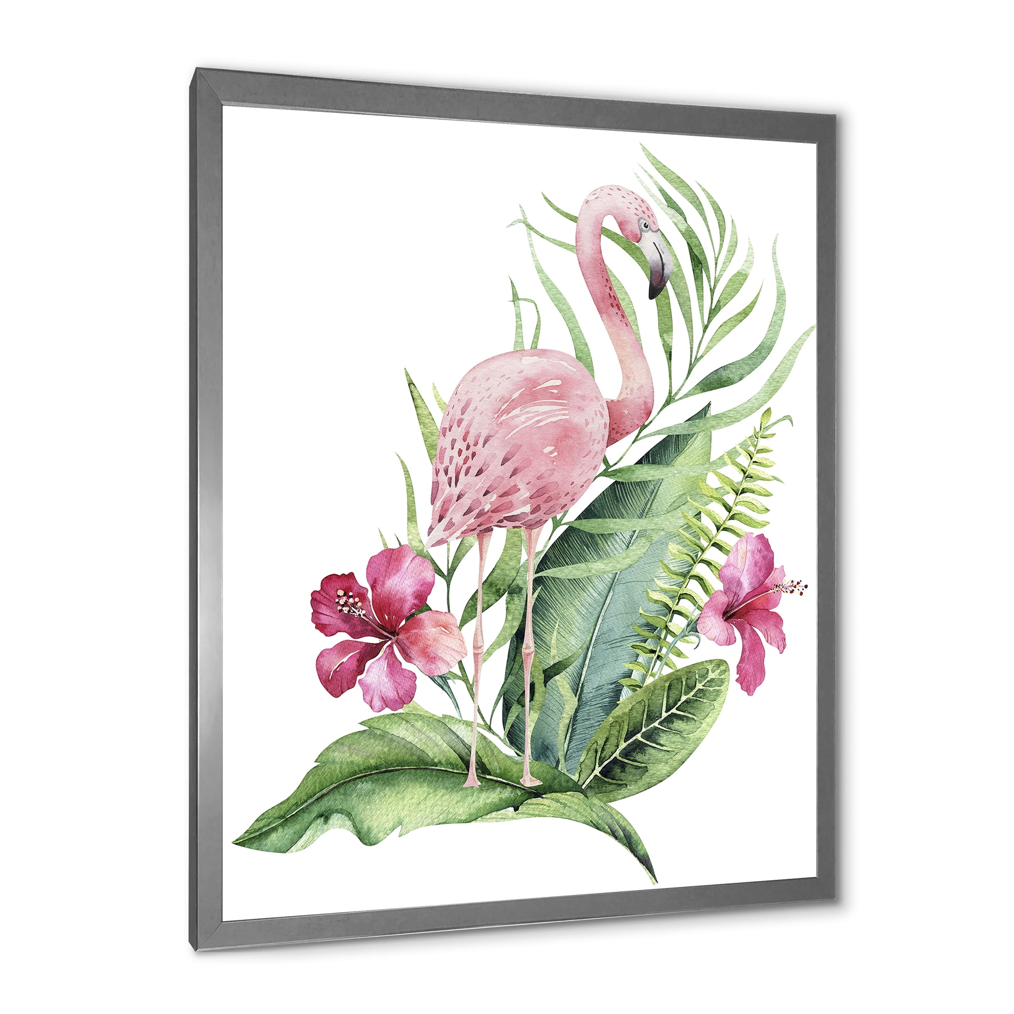Designart 'Flamingo With Pink Flowers and Exotic Foliage' Traditional Framed Art Print