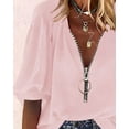 thumbnail image 3 of Sherrylily Women V-Neck Lantern Sleeve Shirts Zipper Design Loose Casual Top, 3 of 4