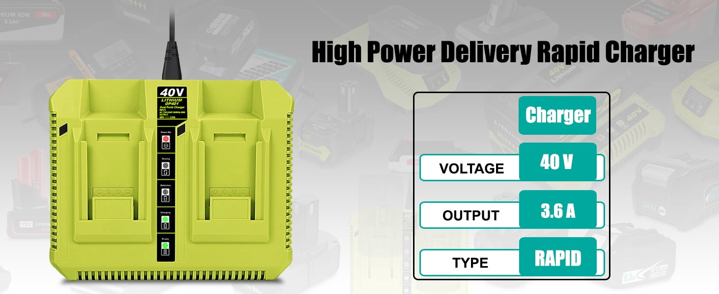 OP401 40V Dual Battery Charger Replacement for Ryobi 40V Lithium-ion Battery Rapid Charger OP401 OP403 OP404 OP406 OP407A OP40601 6Ah OP40602 5Ah OP4050 4Ah OP4040 40 Volts Dual Charger