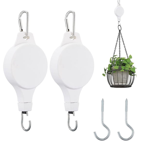 Retractable Plant Pulley, Heavy Duty Adjustable Hanging Flower Basket Hooks for Indoor Outdoor Plant Hanger, Supports Birds Feeder & Garden Baskets, Nylon Ropes Sturdy Hanger, White, 2 PCS