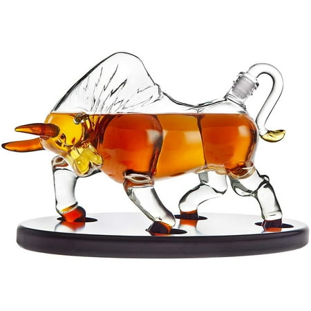 Animal Whiskey Decanter Bull On Wooden Display Tray - For Liquor Scotch Vodka or Wine - 500ml