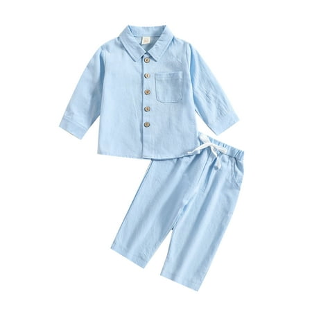 

Frobukio Kids Toddler Boys Fall Clothes Long Sleeve Button Up Shirt + Elastic Casual Pants with Drawstring Outfits Blue 3-4 Years