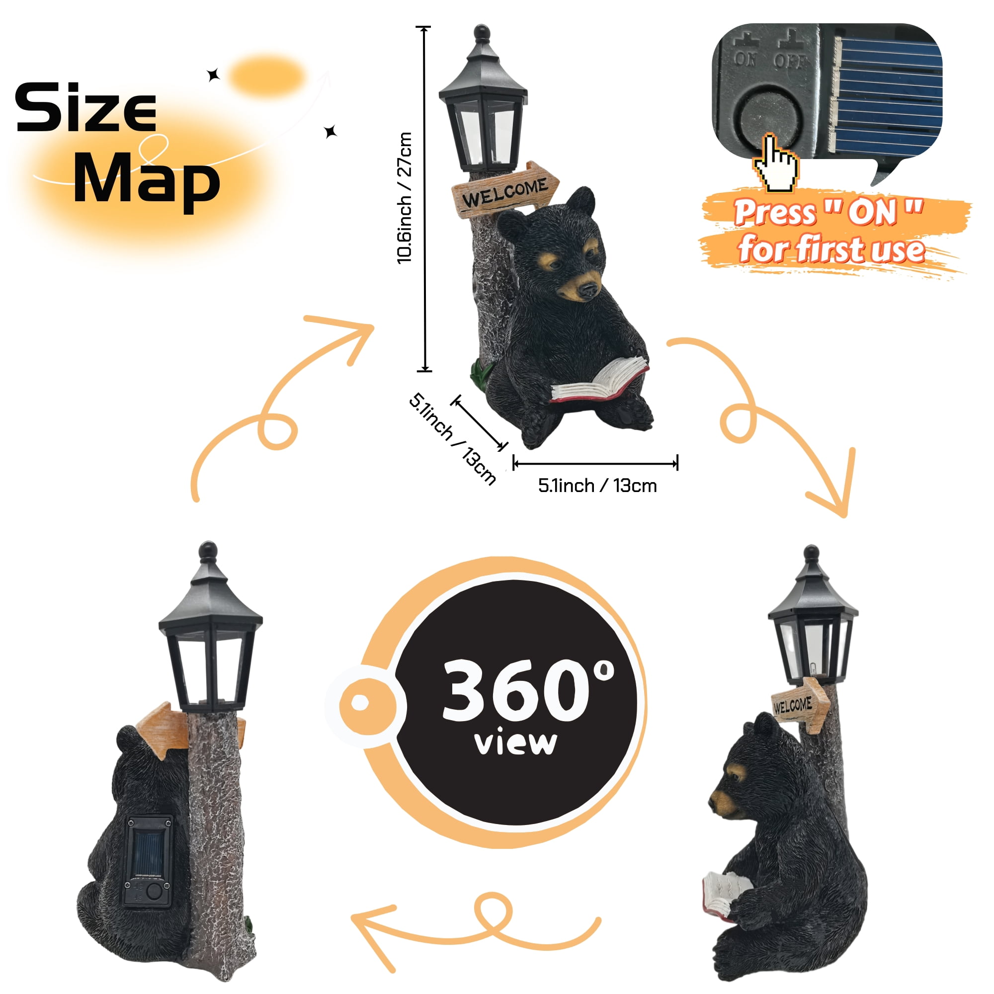 Outdoor Decor Bear Statues with Welcome Sign, Resin Bear Sculpture for Yard Patio Porch, Solar Animal Figurine Light Garden Decoration
