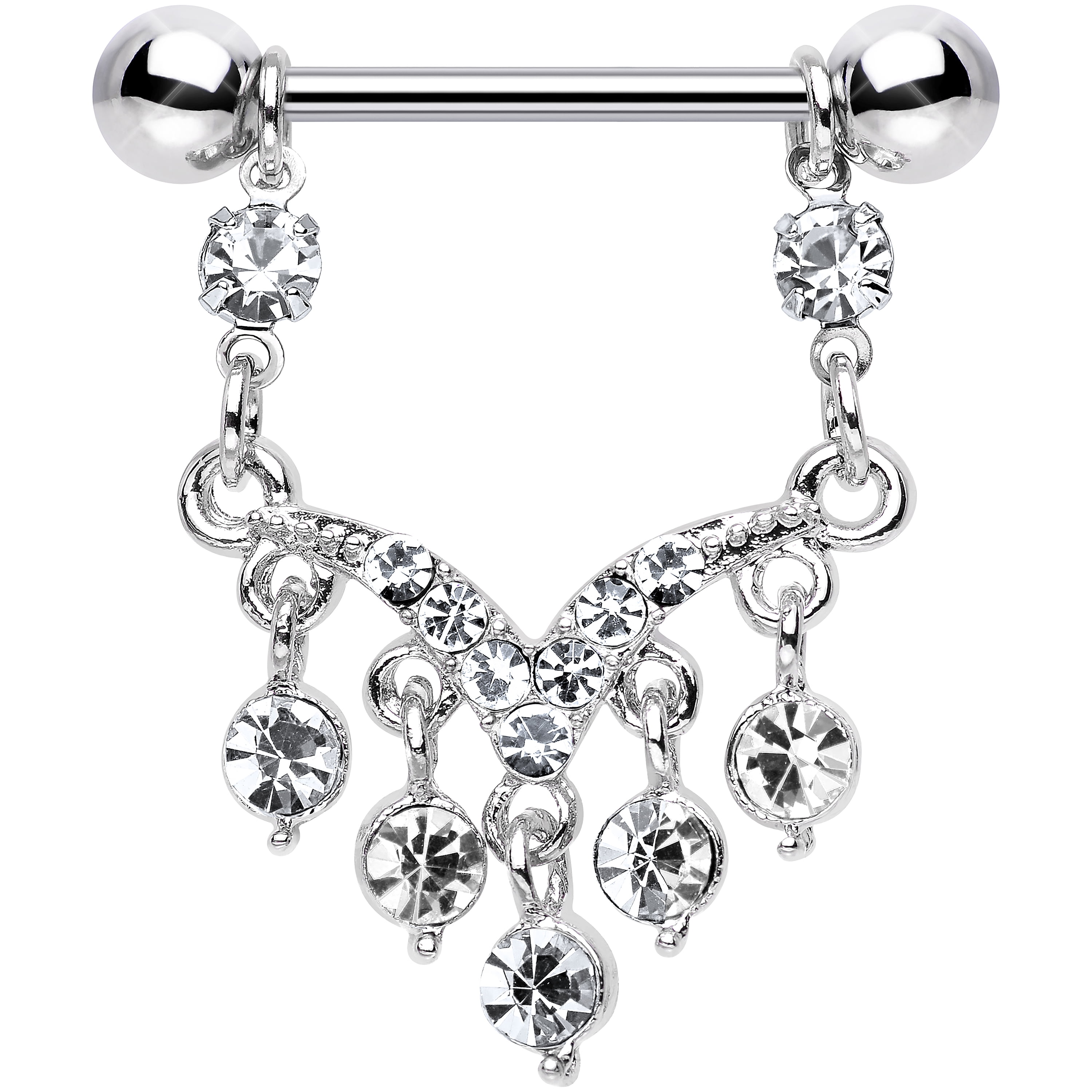 Body Candy Stainless Steel Clear Ornate V Dangle Nipple Ring