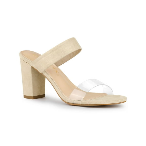 BLISSFUL STEP Women's Dual Clear Strap Block Heels Mules Slides Sandals Beige 6