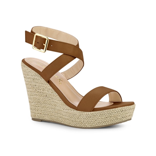 BLISSFUL STEP Chaussures pour Femmes Sandales Espadrilles à Talon Compensé Slingback à Brides Croisées Brun 6