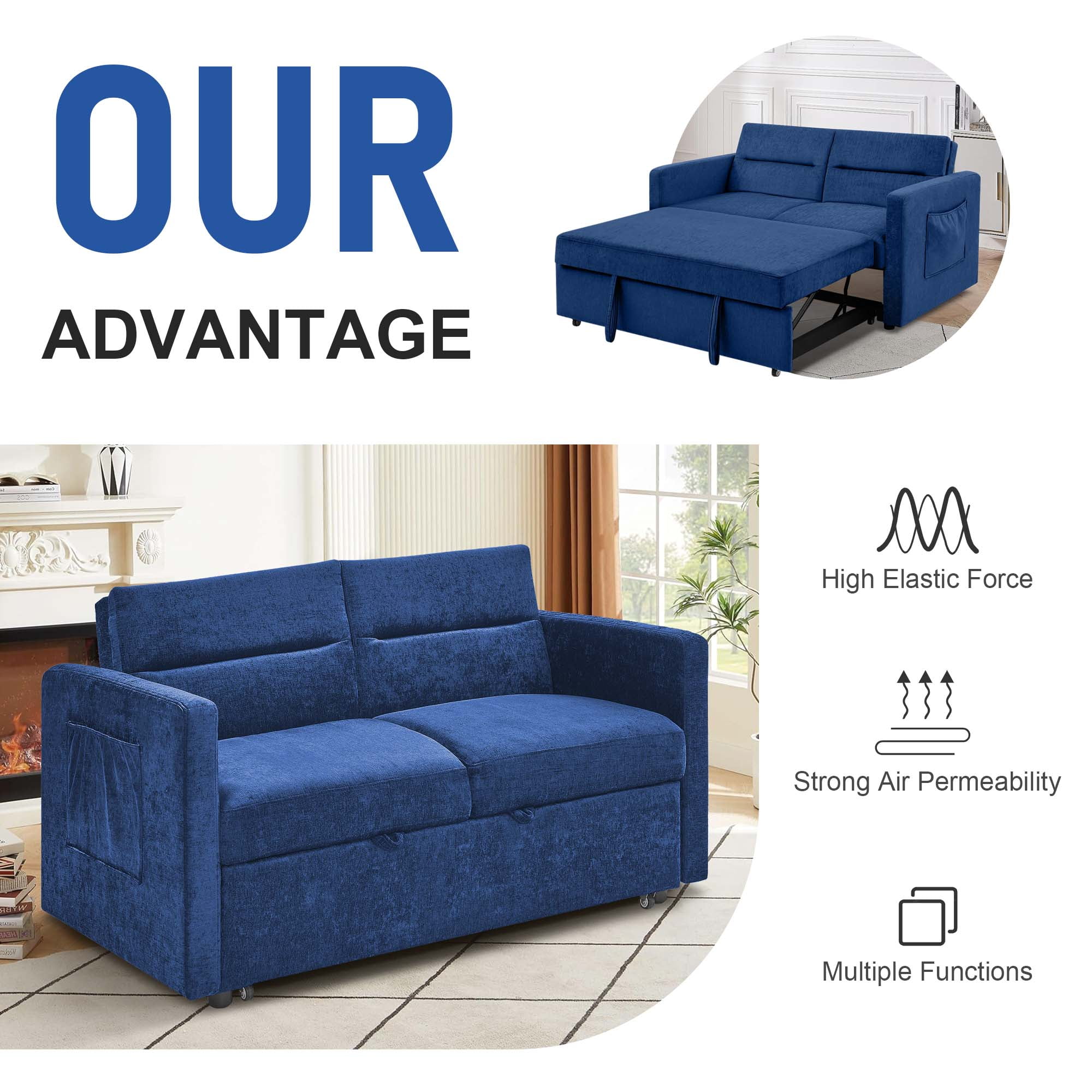 DEALTOPS Convertible Pull Out Sofa Bed, Adjustable Loveseat Sleeper with Side Pockets, Blue