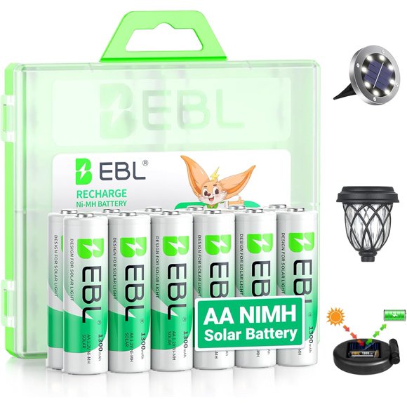 EBL Lot de 12 Piles Rechargeables 1300mAh, Piles Solaires Haute Capacité, 1.2V Préchargées pour Appareils Extérieurs et Domestiques, Charge Rapide