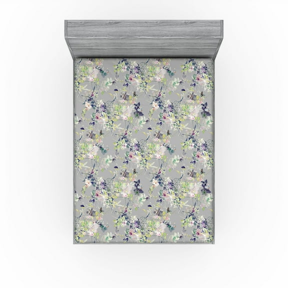 Ambesonne Flower Fitted Sheet, Floral Nature Spring Branch, California King, Grey Lime Green and Pale Pink