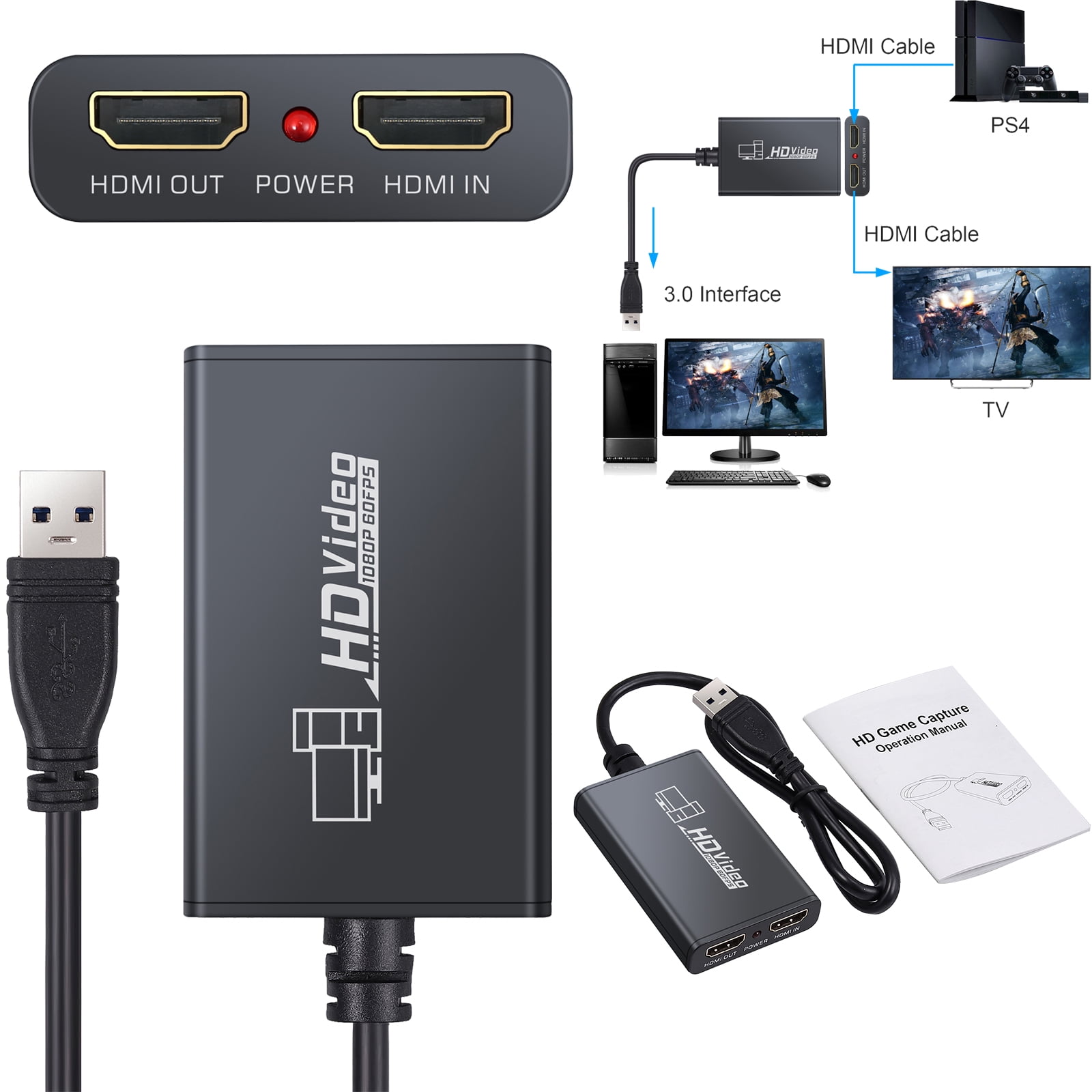 eSynic HDMI Capture Card HDMI to USB 3.0 Live Video Capture Game Capture with HDMI Loop-Out Microphone Input 1080P HDMI USB 3.0 Adapter Video and Audio Grabber for Windows Linuxs Mac OS PS3/4 Wii U 