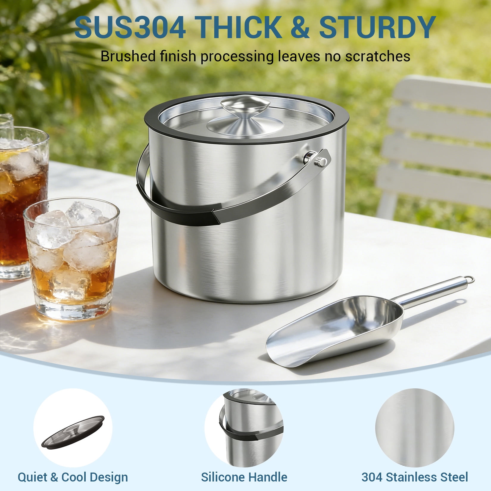 LERENSHA 1pcs Insulated Ice Bucket with Lid and Scoop, 101 oz Stainless Steel Ice Bucket 3L Double Wall Ice Holder with Handle, Metal Ice Bucket for Wine, Champagne, Bar, Party & Outdoor Use