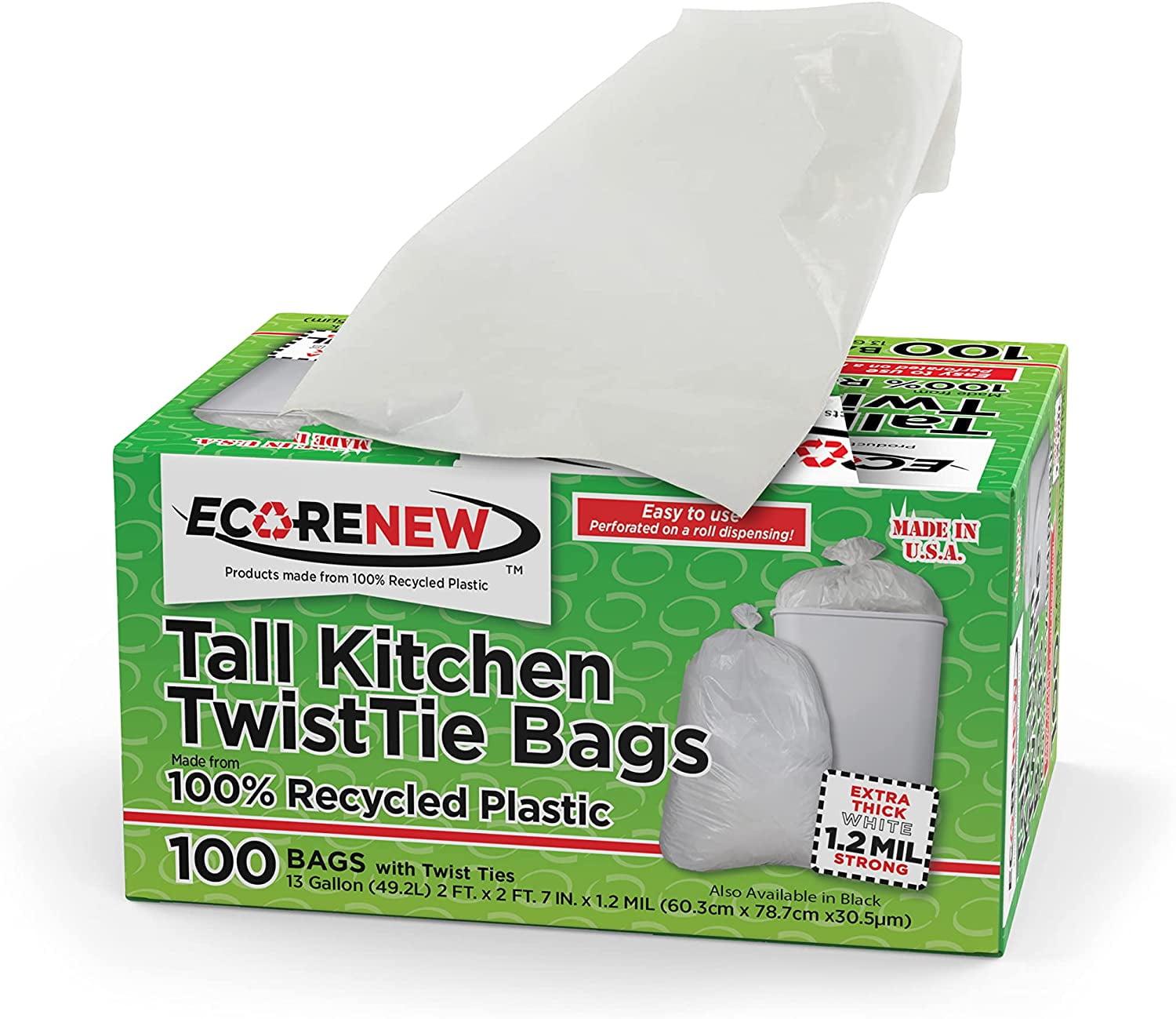 Eco Renew Tall Kitchen Trash Bags with Twist Ties, Extra Thick, 13 Gallon, Black, 100 Count, Men's, Size: One Size