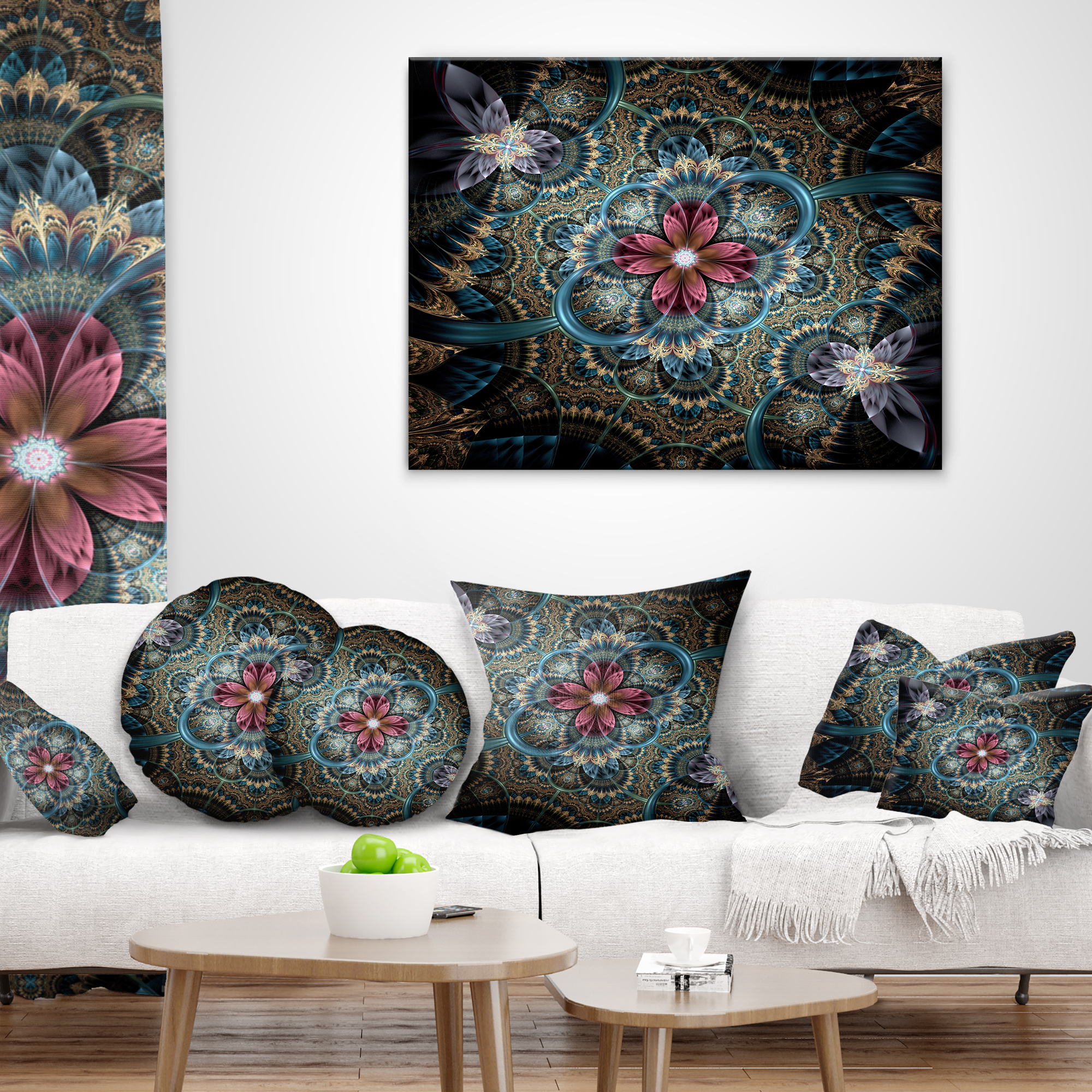 Designart Dark Purple Fractal Flower - Floral Throw Pillow - 12x20