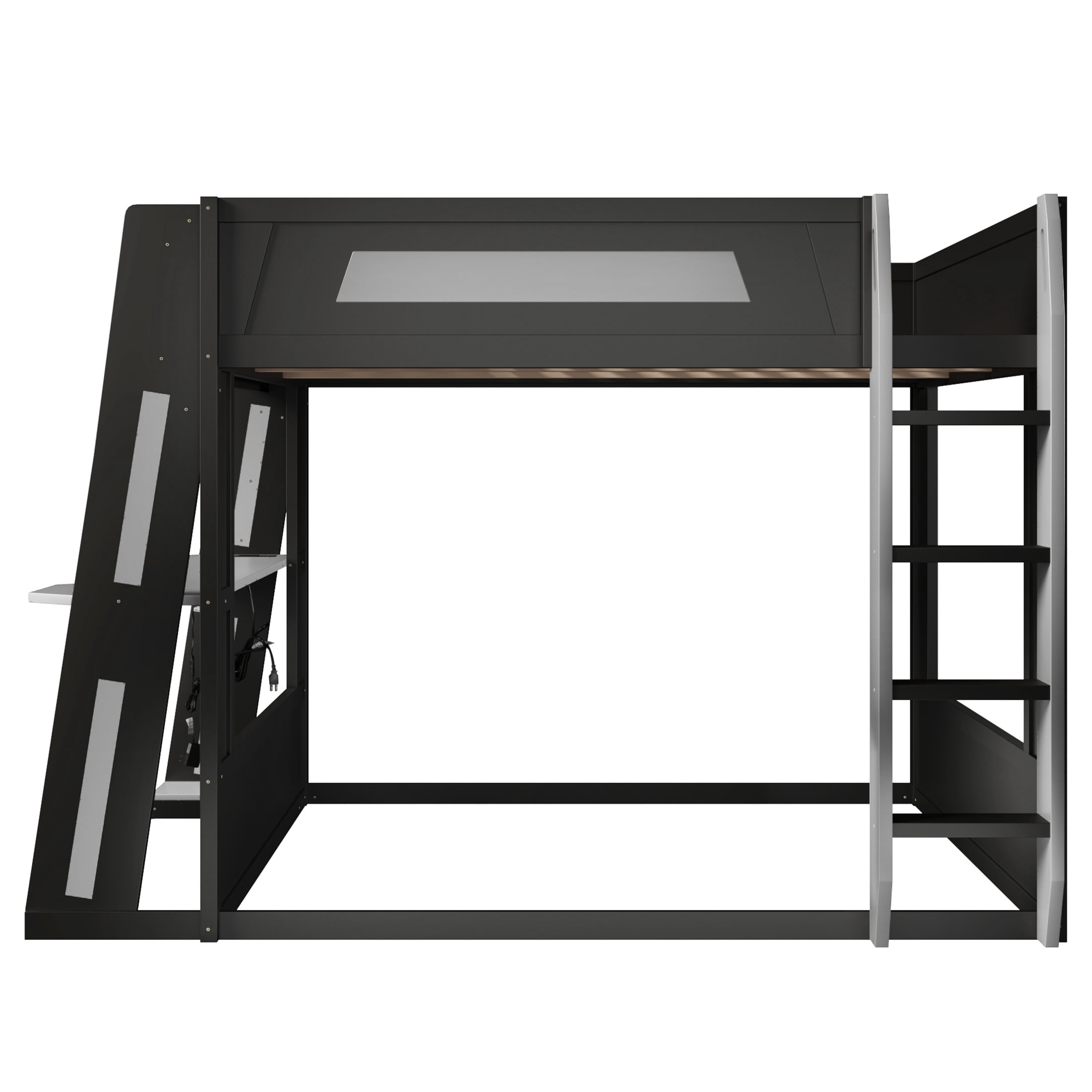 Noble House Nira Queen Gaming Bunk Bed with Desk and LED Lights, Wood Loft Bed with Charging Ports, Black and Gray