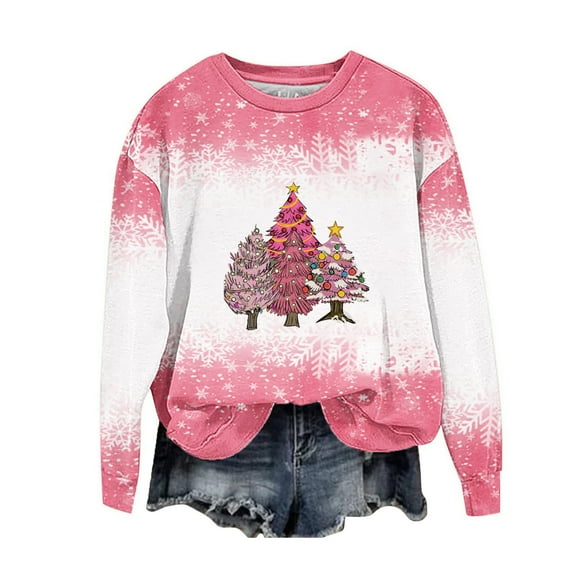 Pink Pullover Sweatshirt for Women Trendy Warm Christmas Tree & Snowflake Print Crew Neck Graphic Long Sleeve Tops (X-Large, Pink 09)