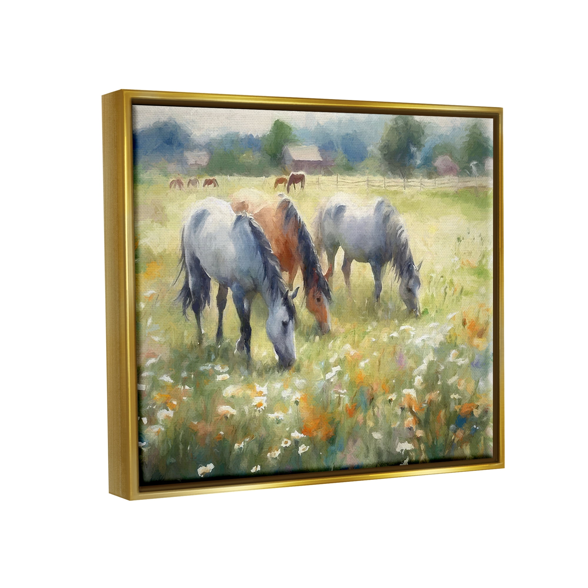 Stupell Industries Grazing Horses in Pasture Animals & Insects Painting Gold Floater Framed Canvas Art Print Wall Art, 31 x 25