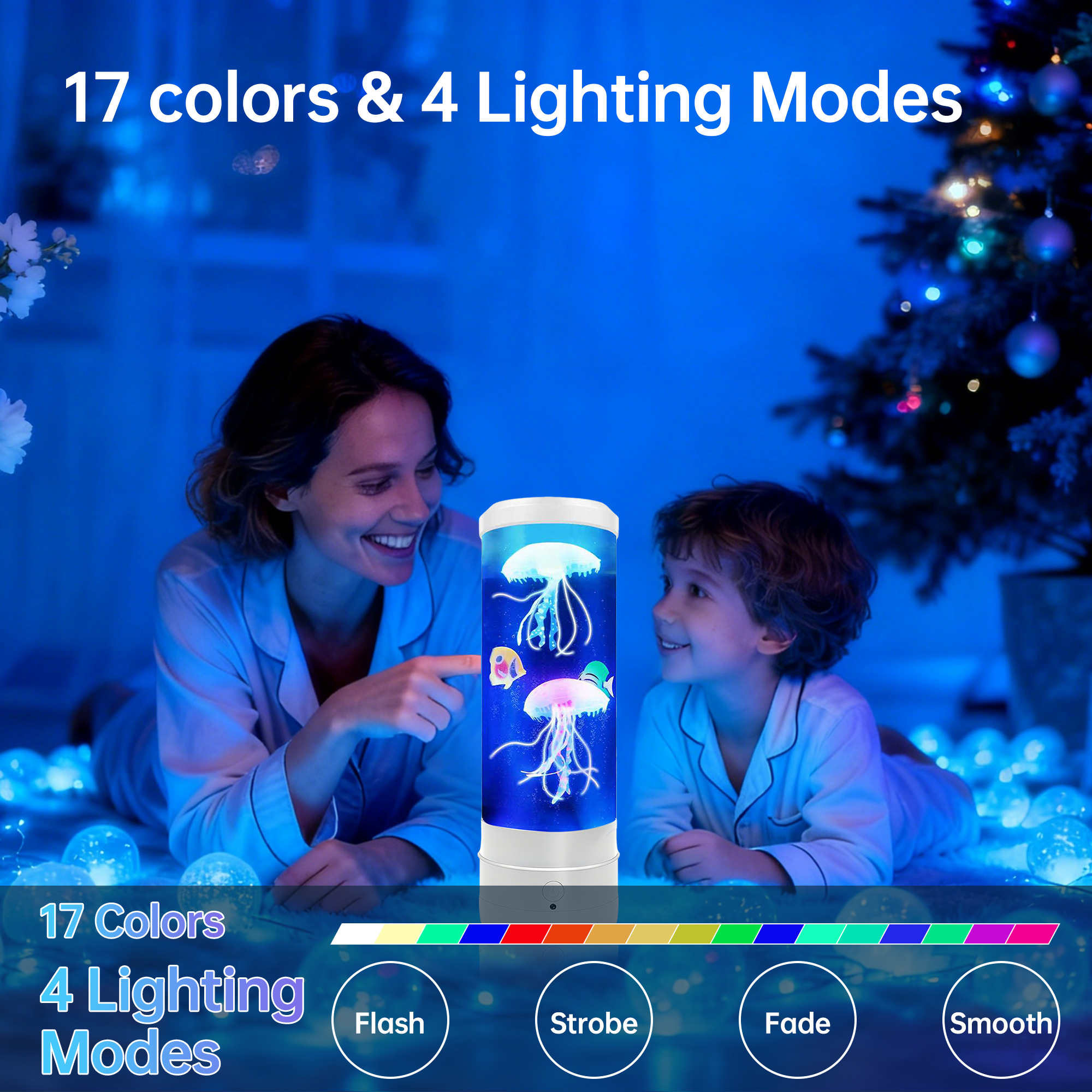 BravSco Jellyfish Lamp with Bluetooth Speaker, 17-Color Changing LED Table Light, 4 Lighting Modes, USB Powered, White, Teen Room Decor