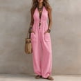 thumbnail image 2 of BVnarty Women Halter Deep V Gathered Waist Jogger Jumpsuit, Large Patch Pockets Relaxed Silhouette for Coastal Trip Pink XXL, 2 of 8
