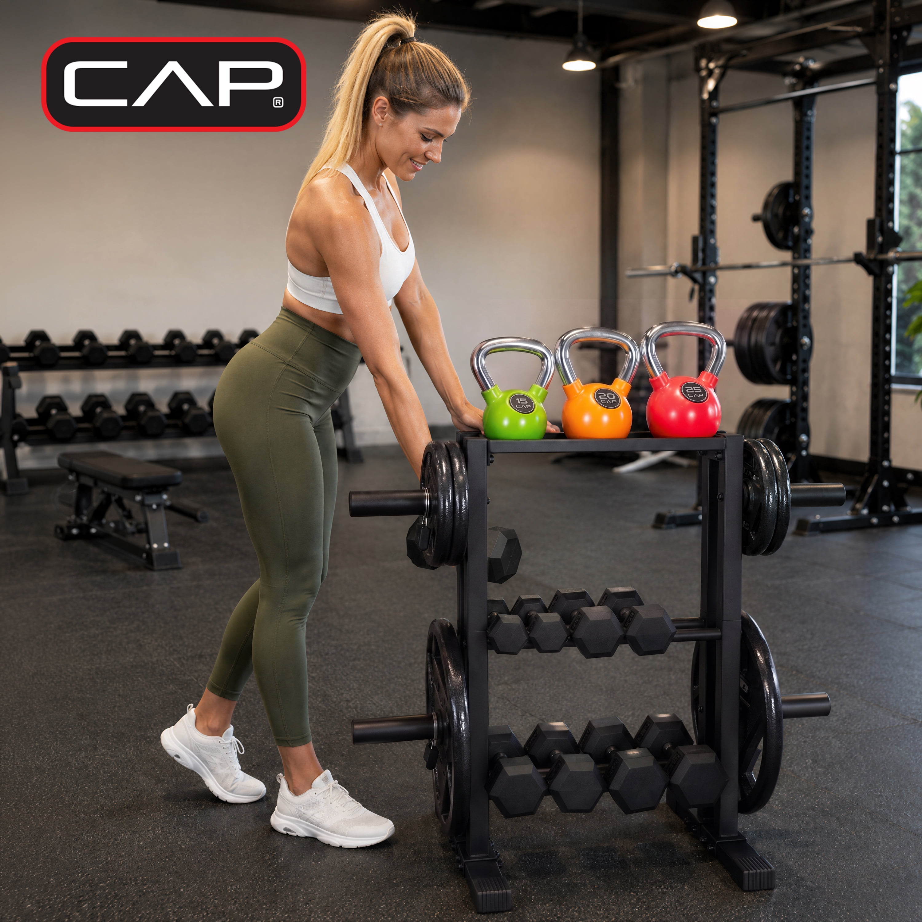 CAP 3-Tier Multi-Use Storage Rack, Dumbbell, Kettlebell & Olympic Weight Plate Organizer for Home Gym