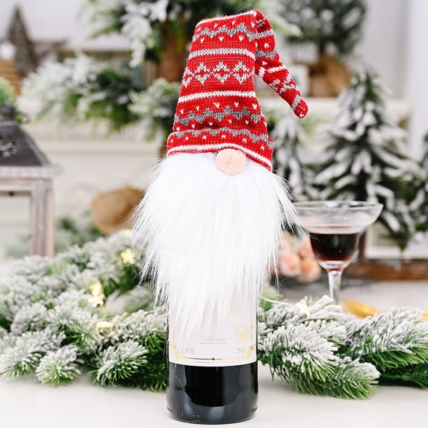 Adornos navideños, gorro de punto, funda para botella de vino, muñeco sin rostro, funda para botella de vino, decoración para botella de vino tinto