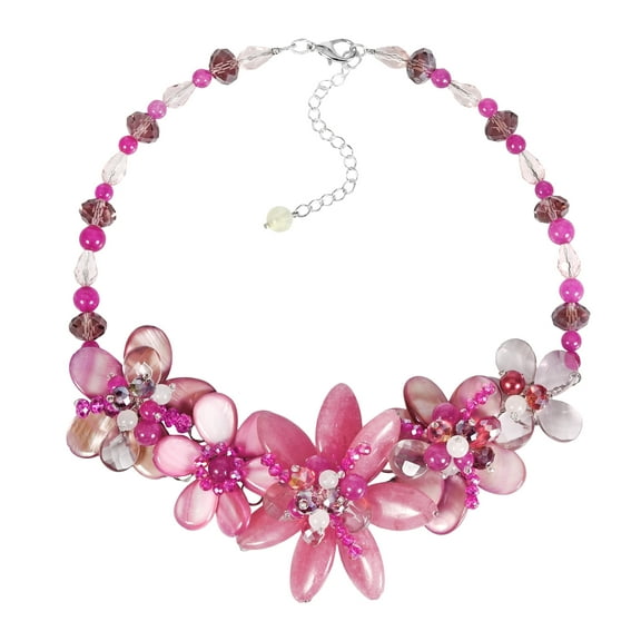 Cute Pink and Purple Blossoms Mixed Seashell, Stone, and Crystal Floral Necklace