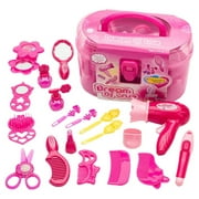 Somnr Kids Beauty Salon Set Toys Little Girl Makeup Kit Pretend Play Hair Station with Case, Hairdryer, Brush, Mirror & Styling(17pcs)