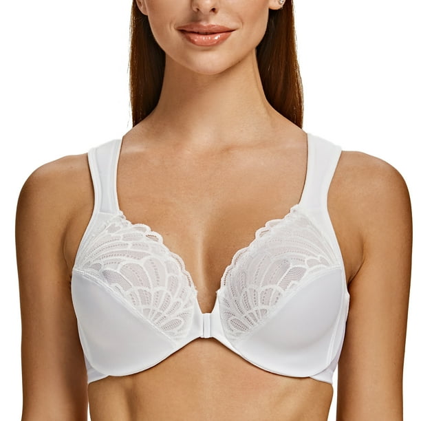 MELENECA Front Closure Bras for Women Plus Size Underwire Unlined Lace Cup  Cushion Strap White 36F