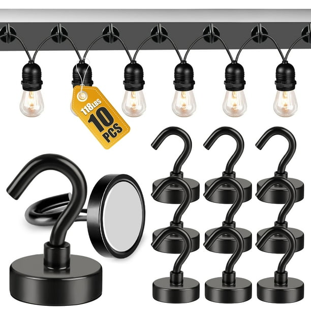 Ganchos magnéticos para exteriores DIYMAG de 3,2 cm, negros, 118 libras, resistentes, 10 unidades