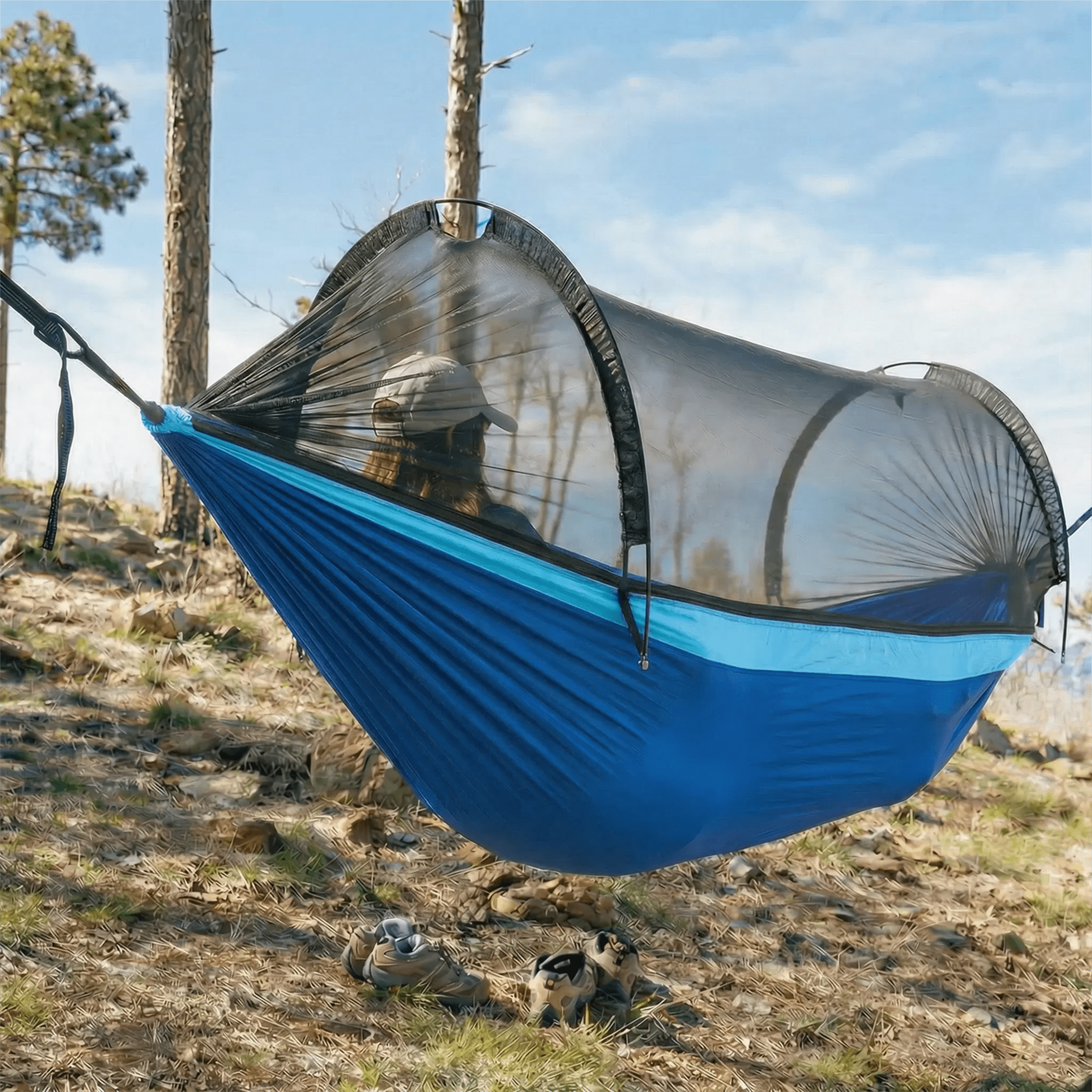 Sunyear Double & Single Camping Hammock with Tent-Like Mosquito Net & Aviation Aluminum Poles (NOT a Face-Hugging Net), Easy Setup 600lbs