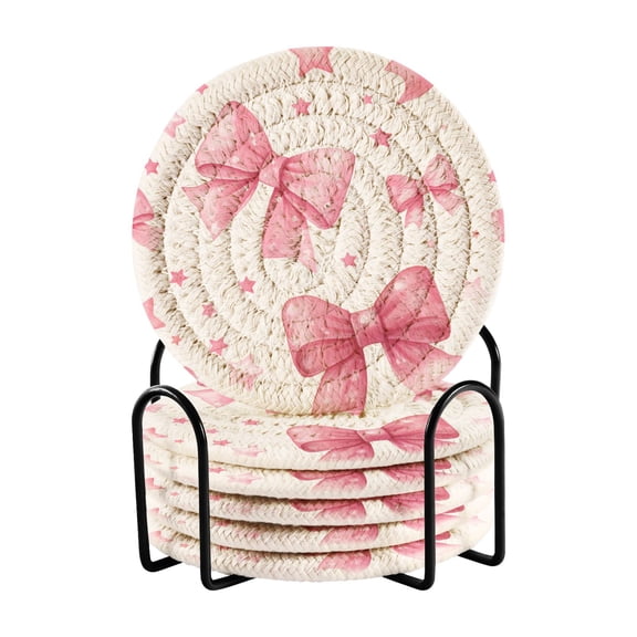 Pink Bows and Stars Drinking Coasters Cup Mat with Holder for Kitchen Cafe Bar 6 Packs