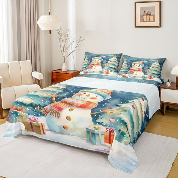 Homewish Cartoon Snowman Twin Sheet Sets 3pcs for Preppy Child Kids,Happy Xmas Gifts Twin Fitted Sheet Microfiber,Merry Christmas Tree Breathable Flat Sheet,Super Cozy Room Decor