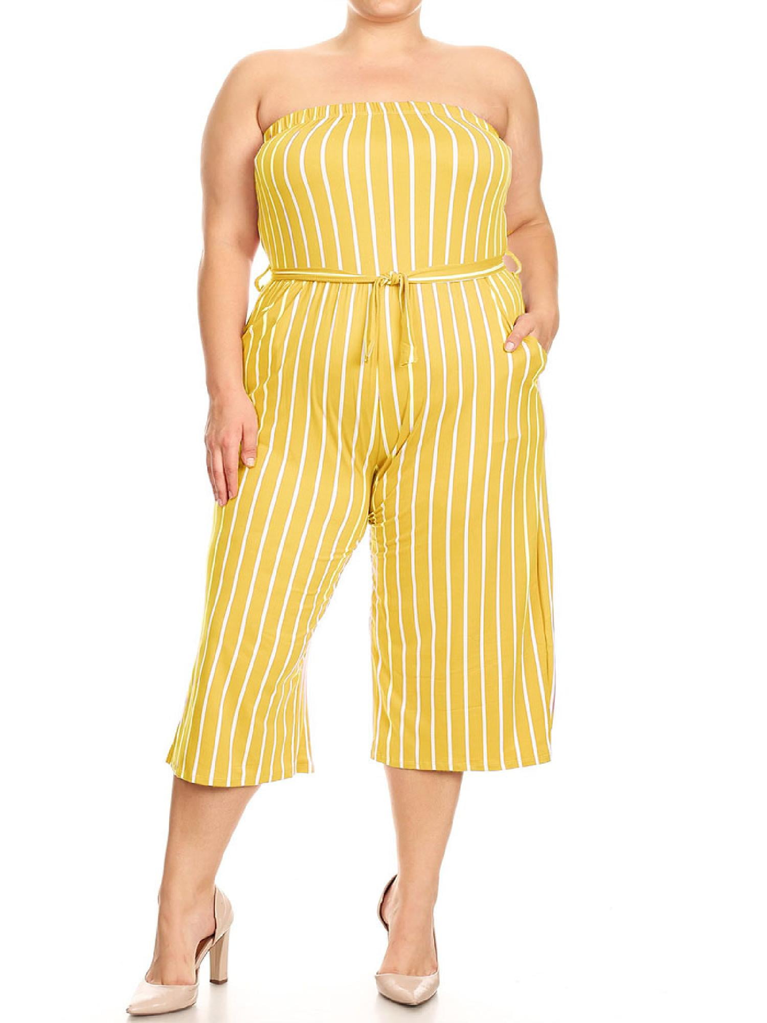 MOA COLLECTION Women's Classic Striped Knit Plus Size Strapless Waist Tie Romper with Pockets