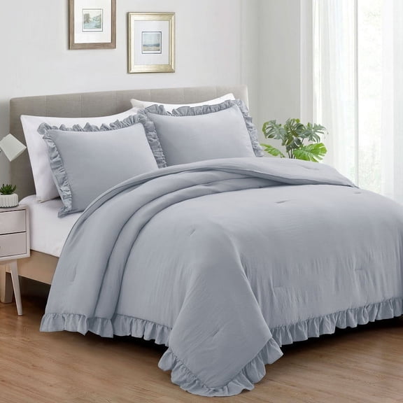 Home Bed Bedding Comforter Set - 3 Pieces King Comforter Set, Farmhouse Bedding Set Ruffle Boho Bed Comforter, Fluffy Soft Lightweight Chic Rustic Country Style for Bedroom Dorm (King, Grey)