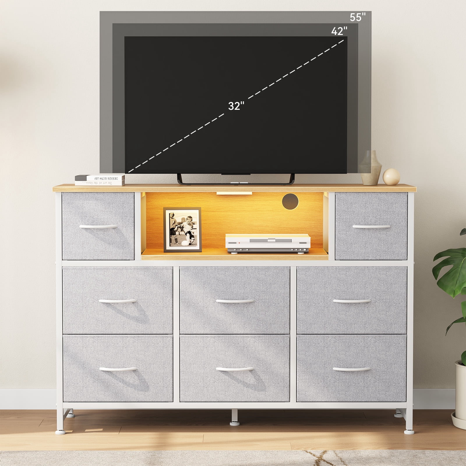 CONCETTA 55 inch TV Stand Dresser, 8 Fabric Drawers Storage Organizer for Bedroom Living Room, LED & Charging Station, Light Gray