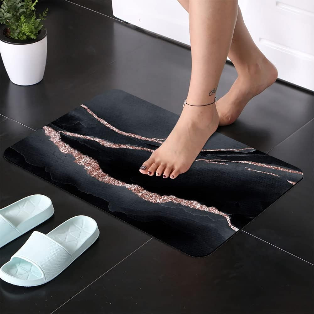 Diatomaceous Earth Bath Mat,Black marble Soft Wrinkle Free Bathroom Floor Rugs Non-Slip Volume Super Absorbent Fast Drying for Bathroom Kitchen Door mat,Eco-Friendly Easy to Clean(43cm×70cm)