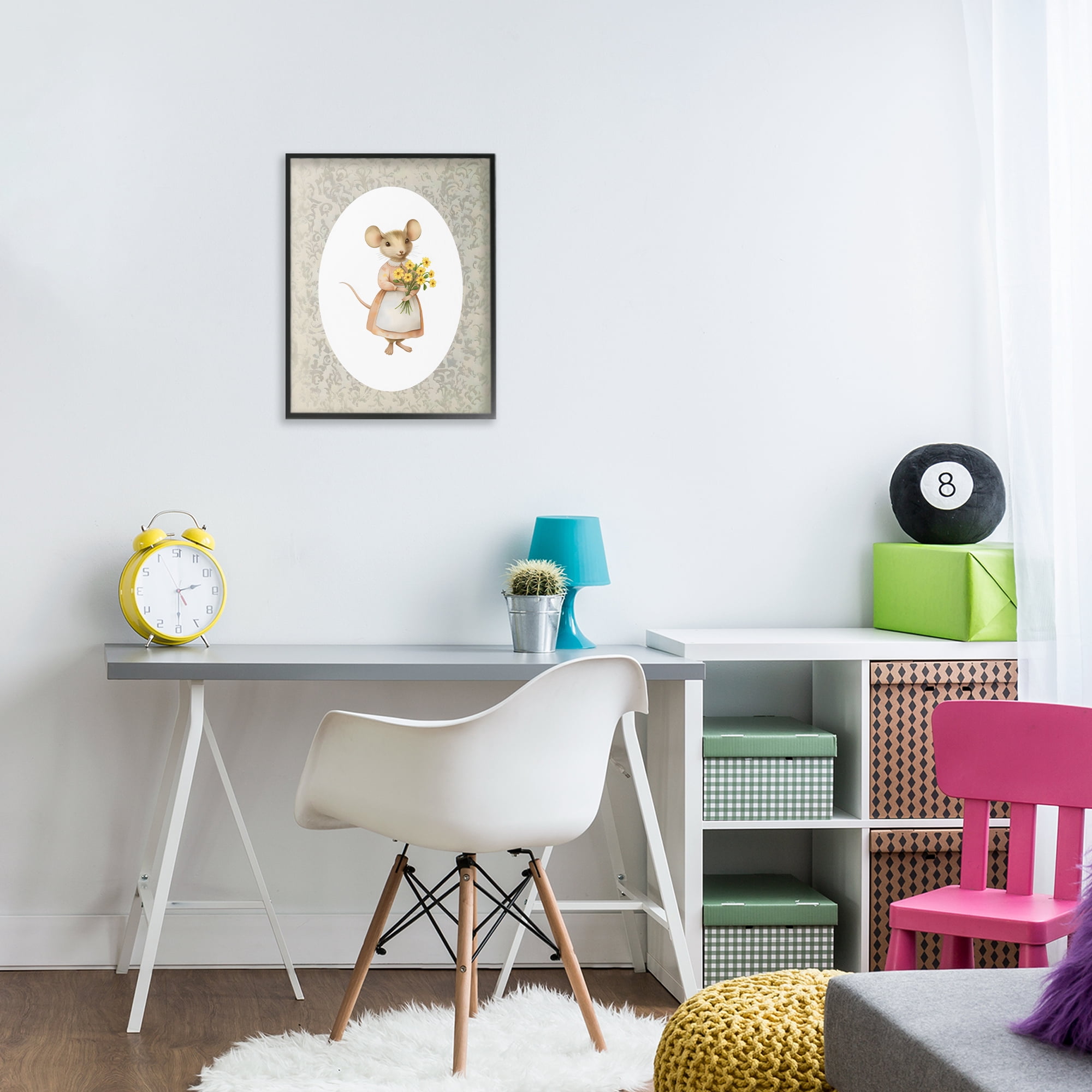 Stupell Industries Little Mouse with Flowers Black Framed Giclee Art, design by Arlington Prints