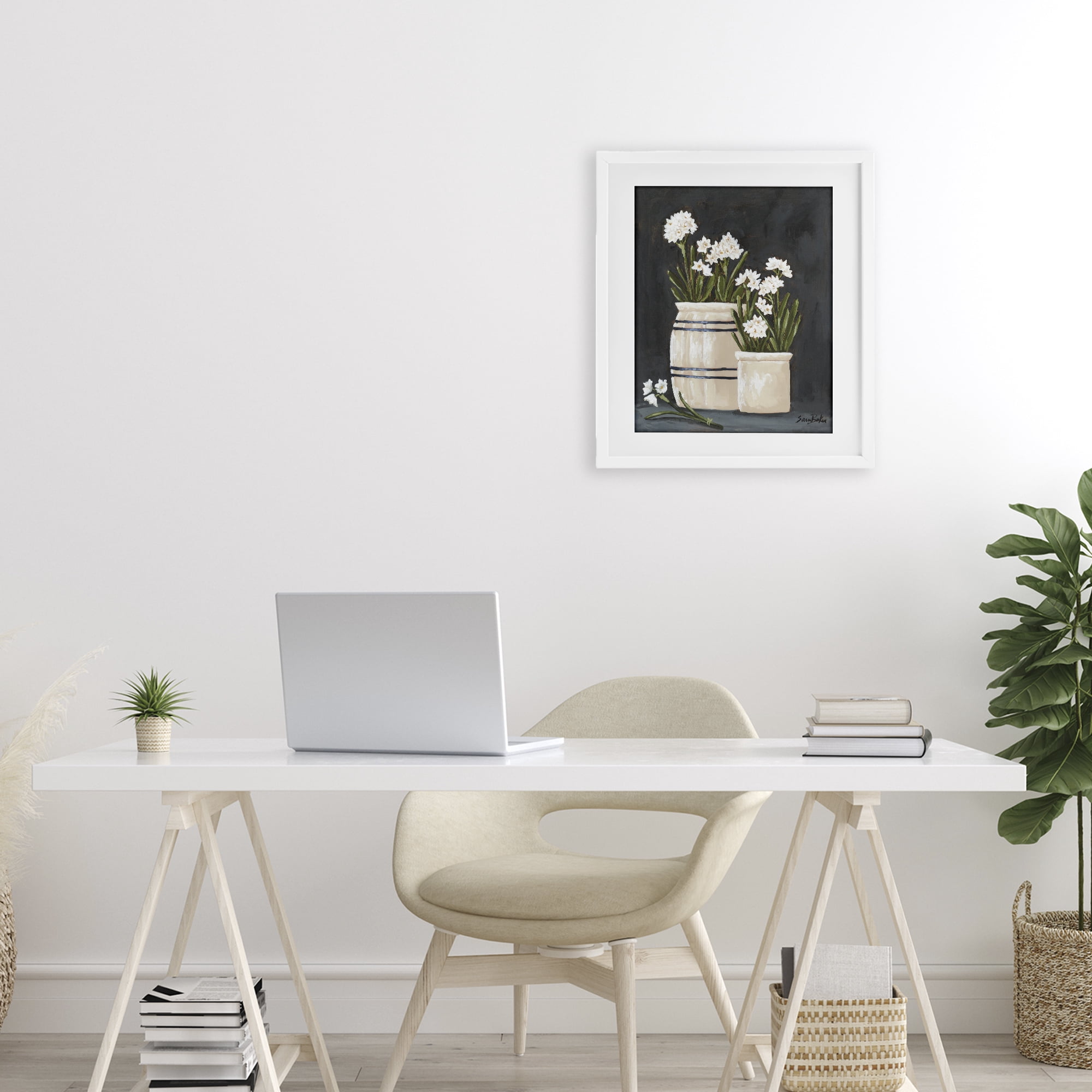 Stupell Industries Vintage Crocks & Paperwhites White Framed Print Under Glass, design by Sara Baker
