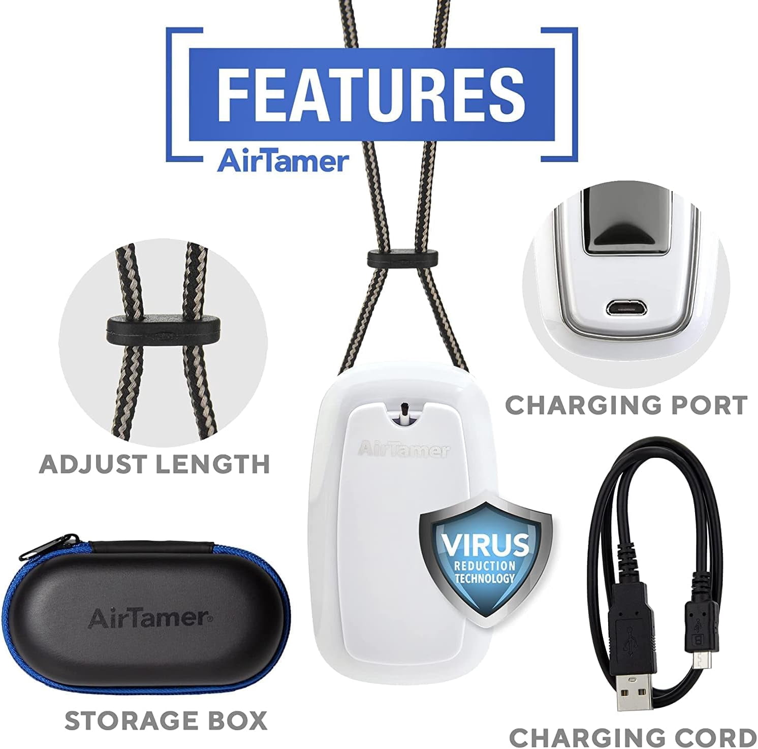 AirTamer A315W Rechargeable Personal Air Purifier with Ionic Technology, Portable Wearable Air Cleaner, White with Black Leather Travel Case