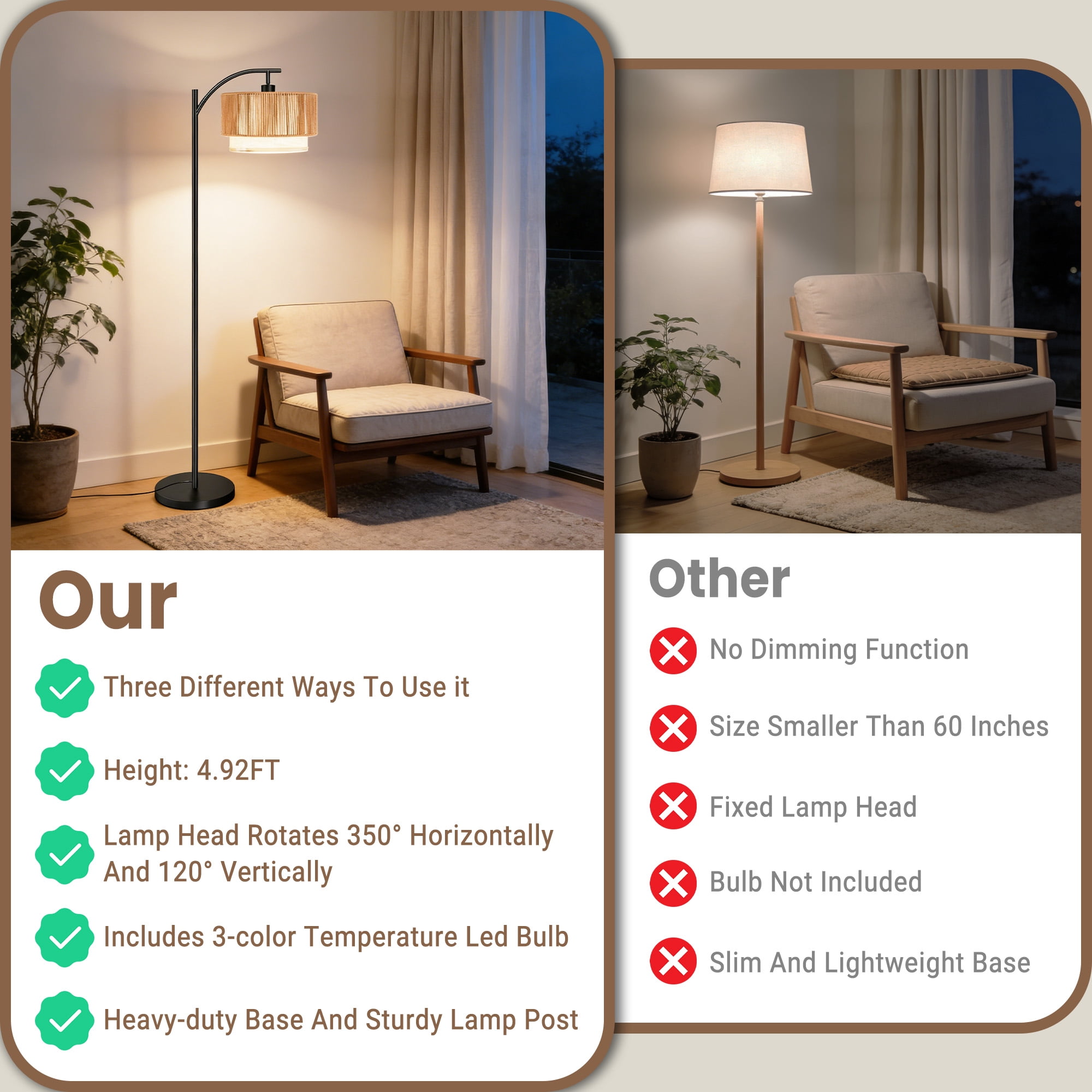 DAYBETTER Floor Lamp for Living Room, Arc Floor Lamps with 3 Color Temperatures, Farmhouse Unique Hanging Douoble Drum Lampshade, for Bedroom, Living Room