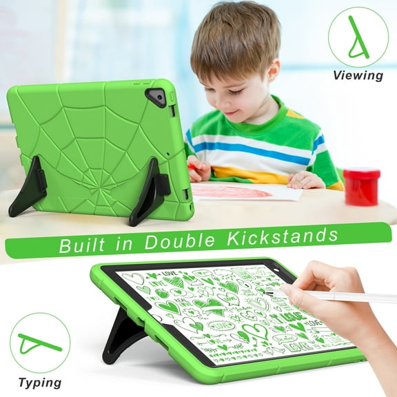 ELEHOLD for iPad 10.2 inch 9th/8th/7th Generation 2021/2020/2019 Rugged Case, Cute Cartoon Kids Friendly Built-in Double Kickstand Full Protection Shockproof Children Case,Green Black
