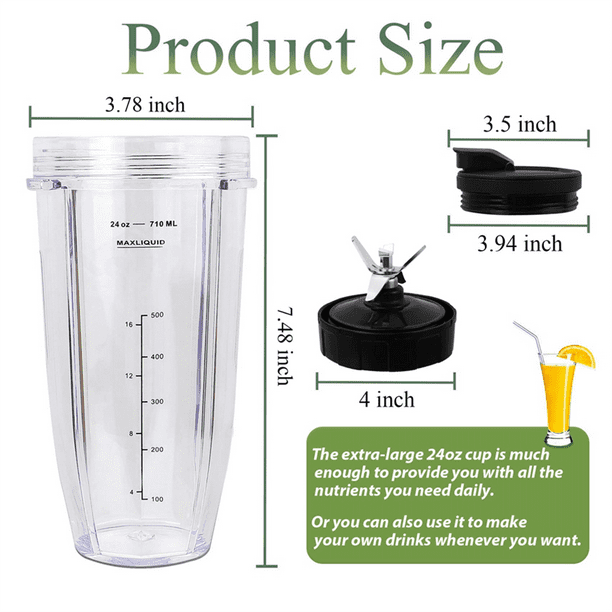 24oz Blender Cups and 7 Fins Blade for Ninja Nutri Bn401, Bn400, Bn801, Bn800, Replacement Cups with Sip and Seal Lids. (2pcs 24oz Cups+1 PC Blade)