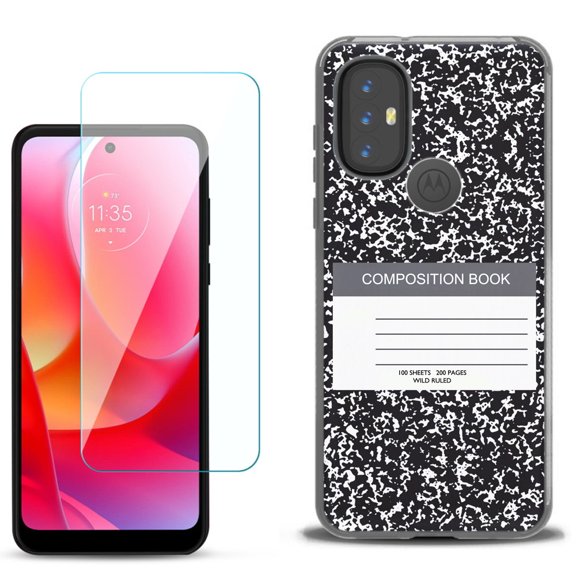 Slim-Fit Gel TPU Phone Case for Motorola Moto G Power 2022, with Tempered Glass Screen Protector, by OneToughShield ® - Composition Book