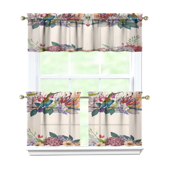Little Birds and Flowers 3-Piece Kitchen Curtains Set Kitchen Curtains Sets with Valance for Windows Rod Pocket Machine Washable Kitchen Decor Decorations (54"x18" 2x27.5"x24")